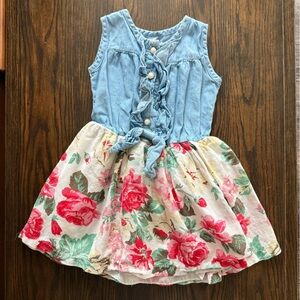 Baby Girl Denim Dress Pearl Snap Floral Print White Pink 18-24 months